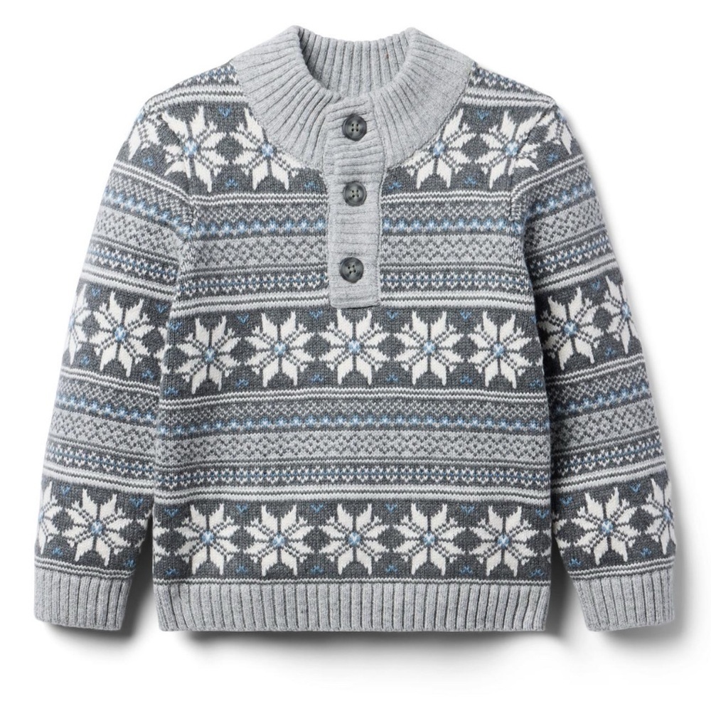 Janie And Jack Winter Snowflake Fairisle Sweater Boys 6 New Gray Quarter Button